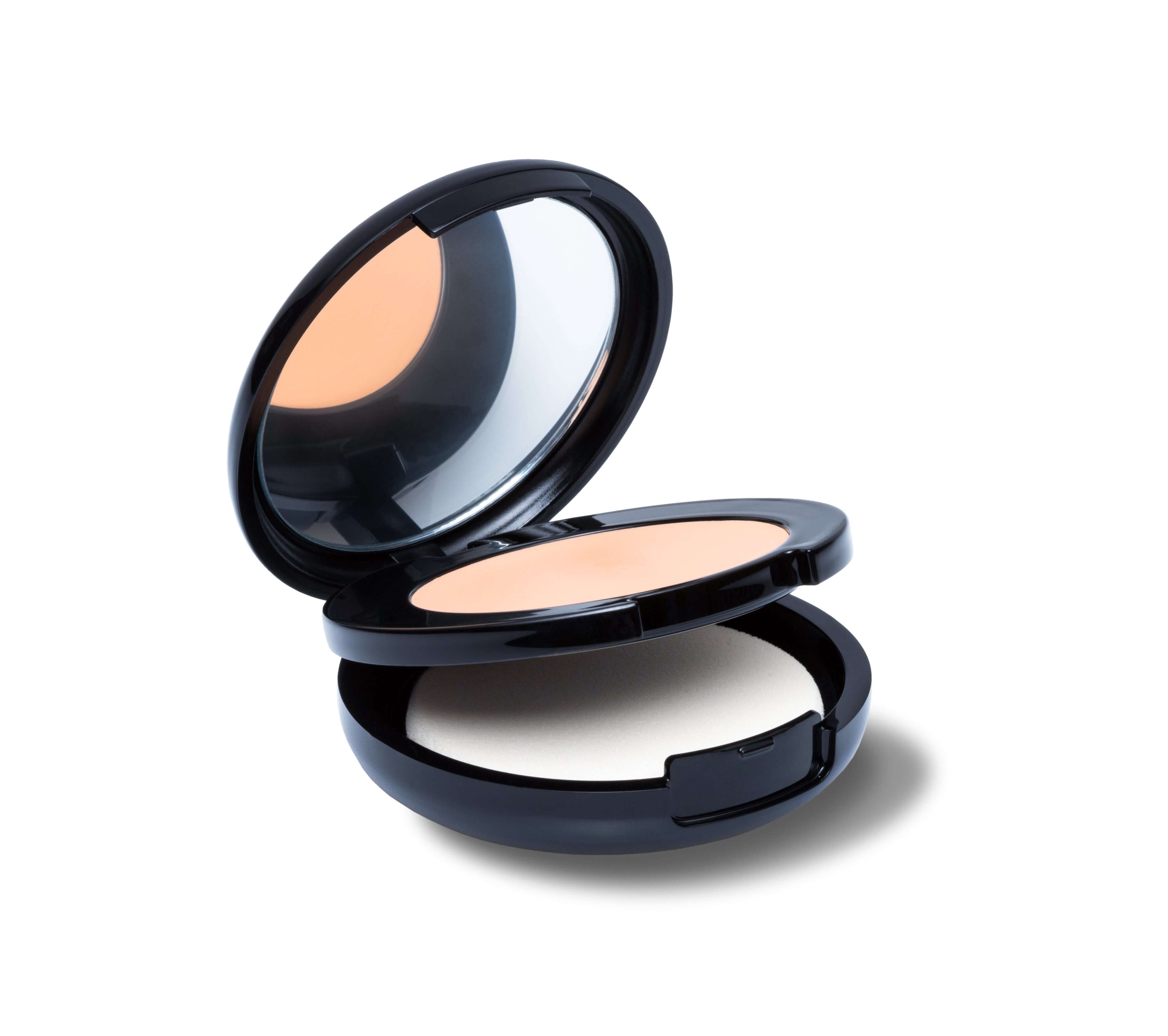 Make up mit geöffnetem Deckel und Make up Schwamm und Spiegel